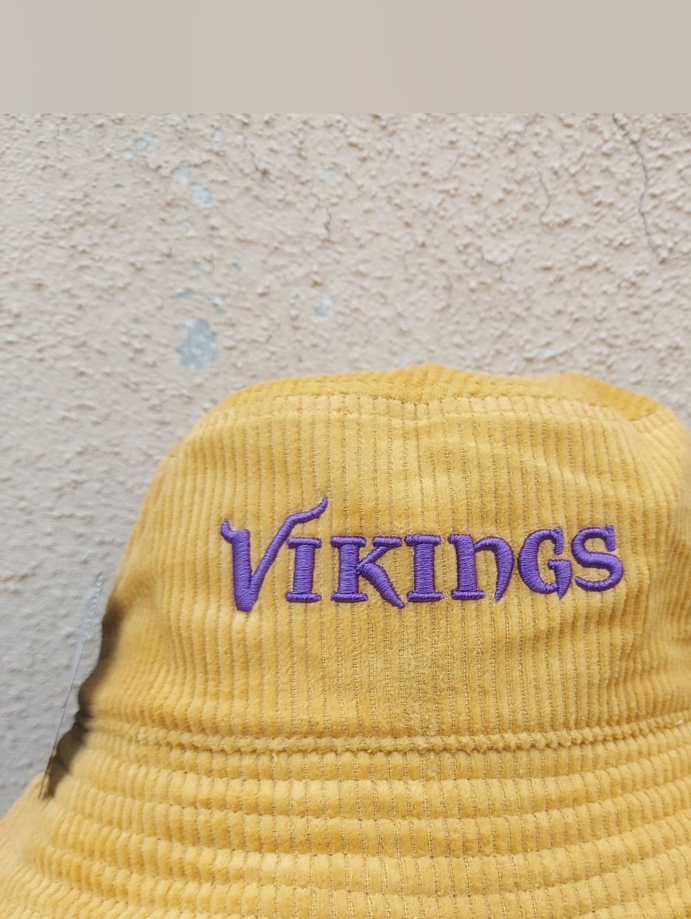 Yellow Corduroy Bucket Hat with Purple "Vikings" Embroidery